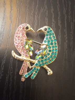 Pink Teal Green Lovebirds Rhinestone Bird Brooch Pin